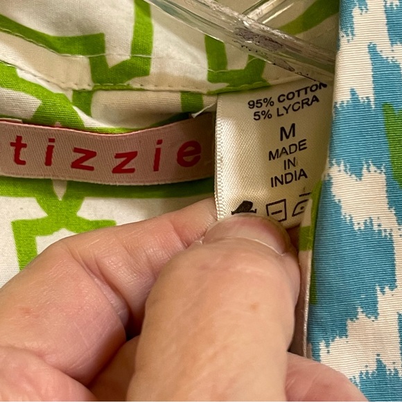 Tizzie Cotton Poplin Ikat Print Turquoise & Chartreuse Button Up Shirt Blouse M - Picture 3 of 8